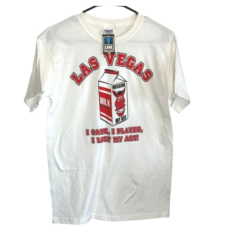 NWT Gildan Las Vegas Missing My‎ Ass Funny Milk Carton Graphic T-Shirt White S